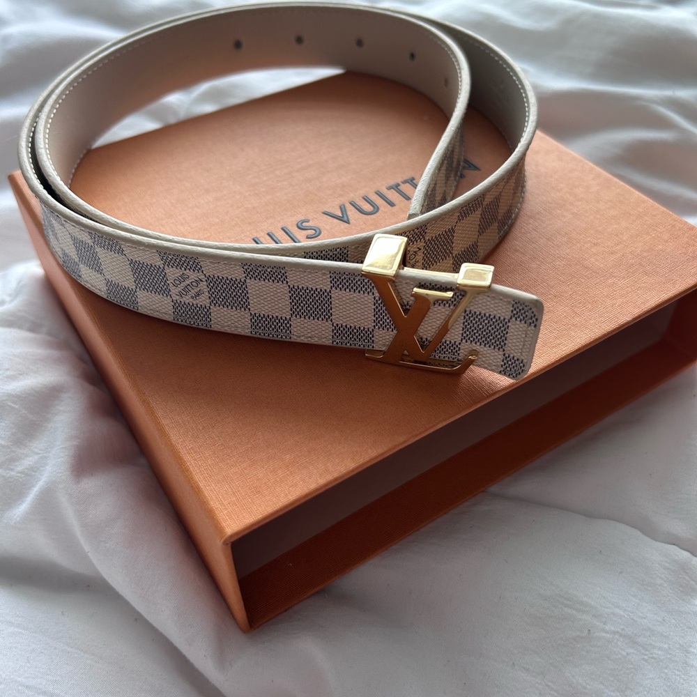 Louis Vuitton Checkered Belt with Gold LV Buckle